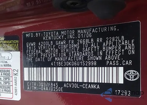 2006 Toyota Camry Le/Xle/Se from USA, damaged, VIN 4T1BE30K06U152998